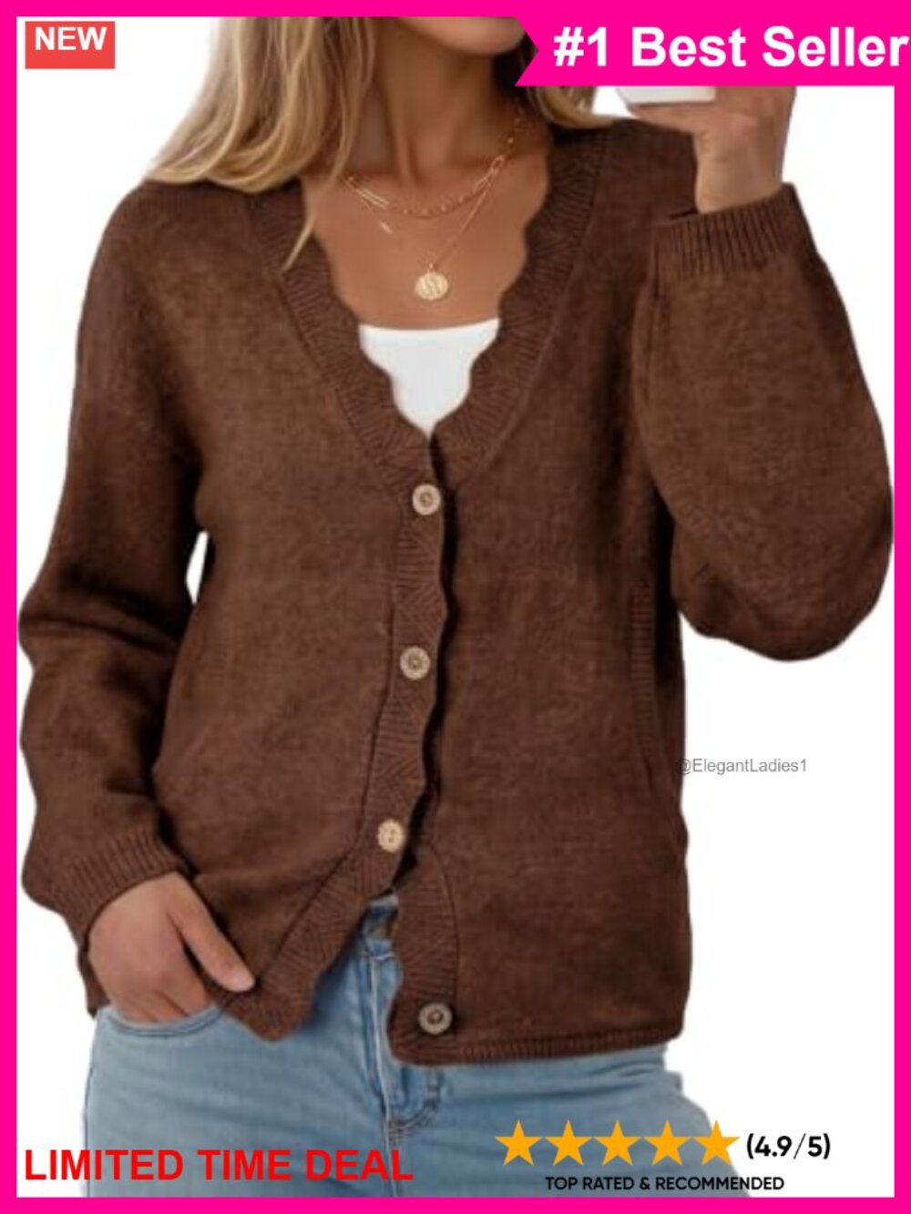 Oversized Knit Cardigan Sweater Button Up V Neck Ruffle Edge Pockets
